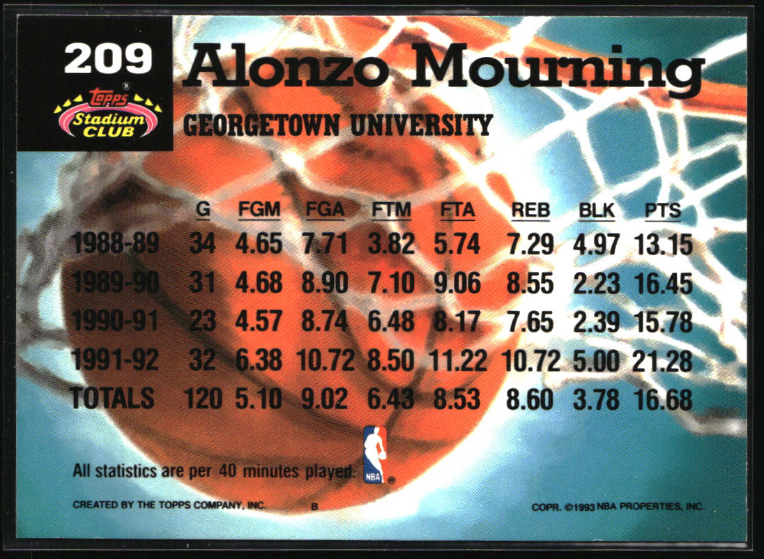 1992-93 Stadium Club #209 Alonzo Mourning Members Only