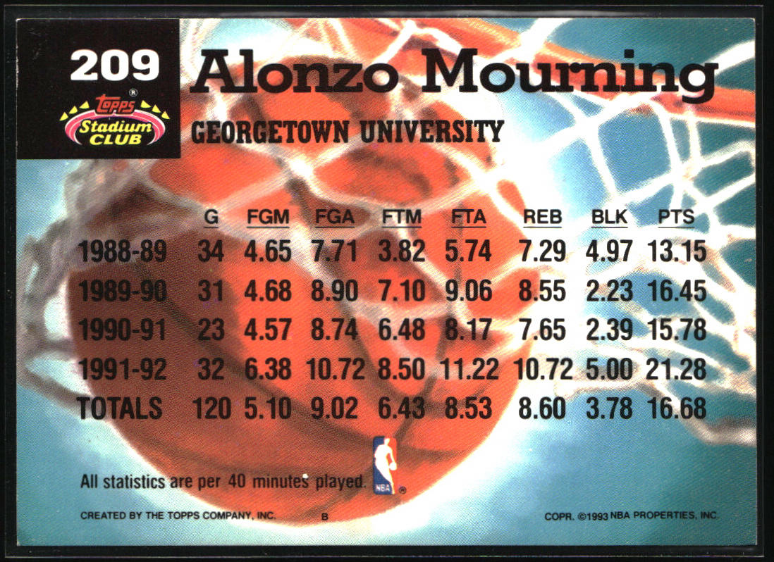1992-93 Stadium Club #209 Alonzo Mourning Members Only