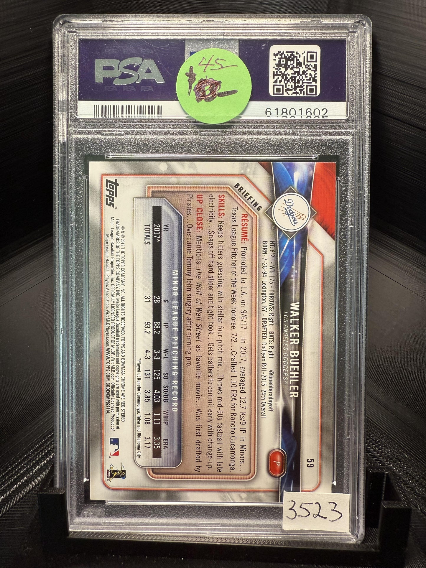 2018 Bowman #59 Walker Buehler PSA 10
