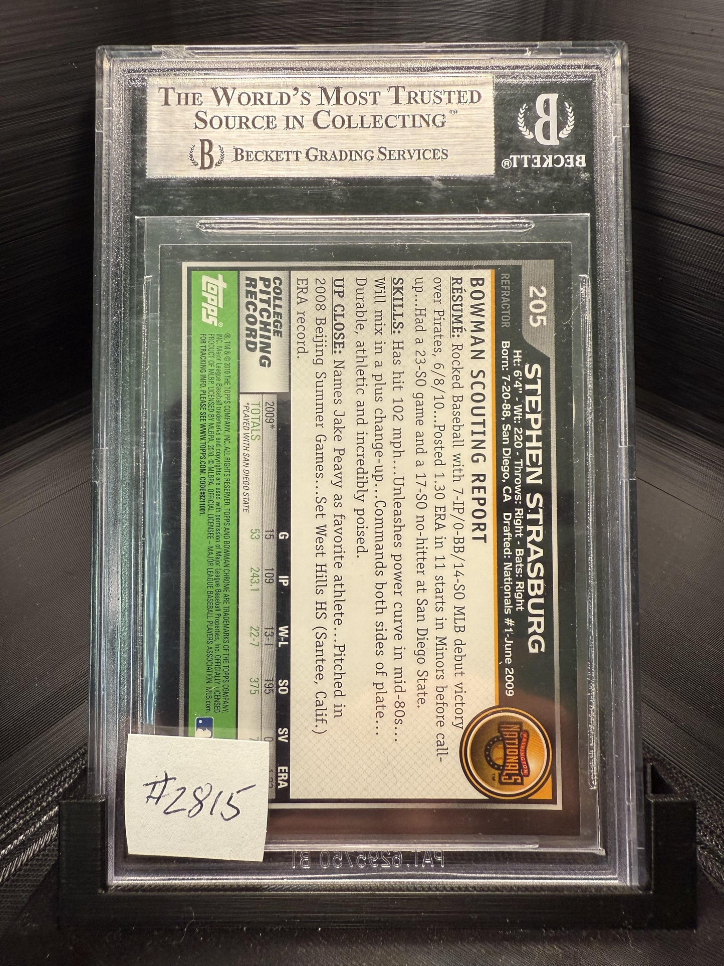 2010 Bowman Chrome #205a Stephen Strasburg Refractors BGS 9