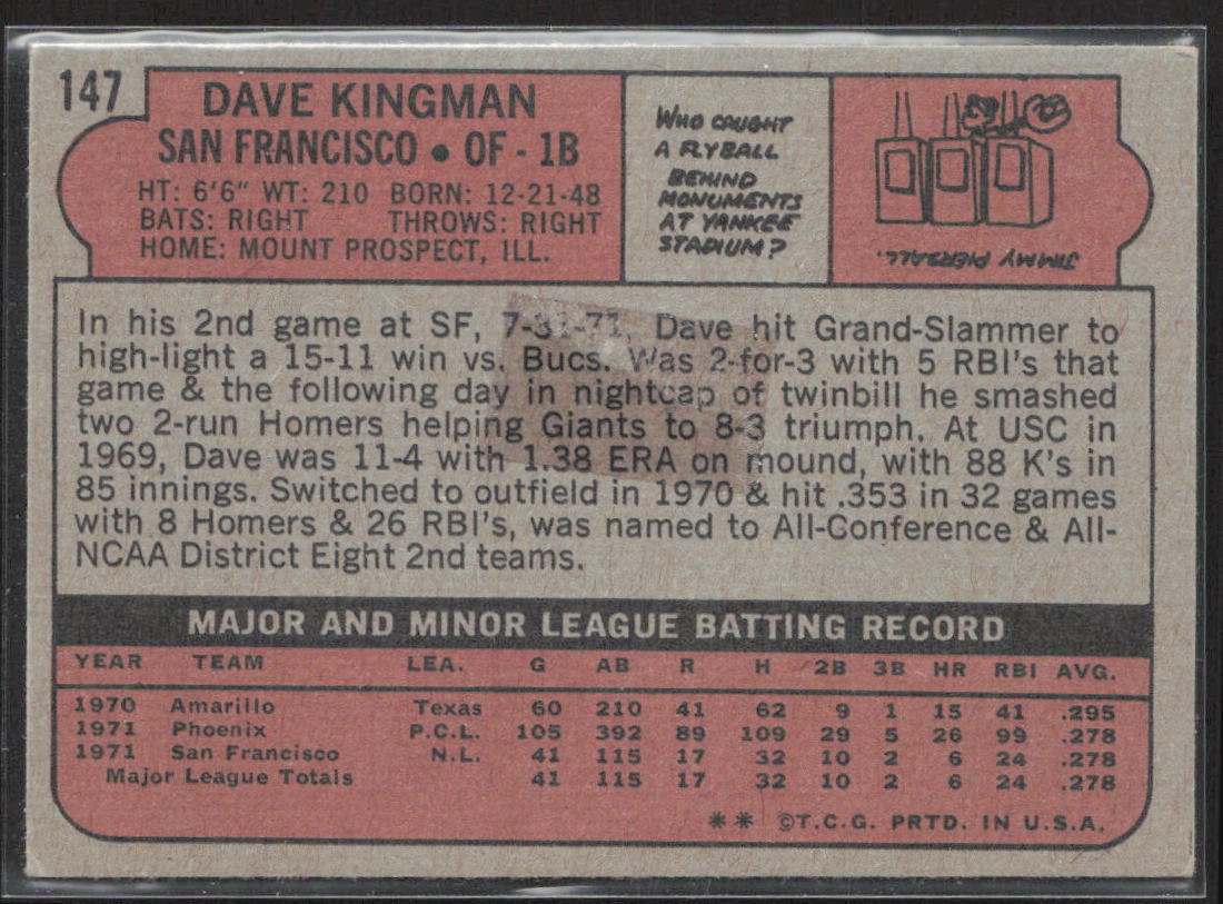 1972 Topps #147 Dave Kingman