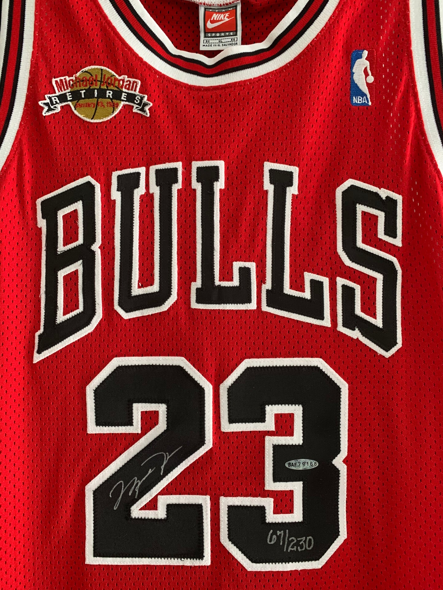 Michael Jordan Autographed Retirement Patch Jersey #67/230 Upper Deck Authenticated