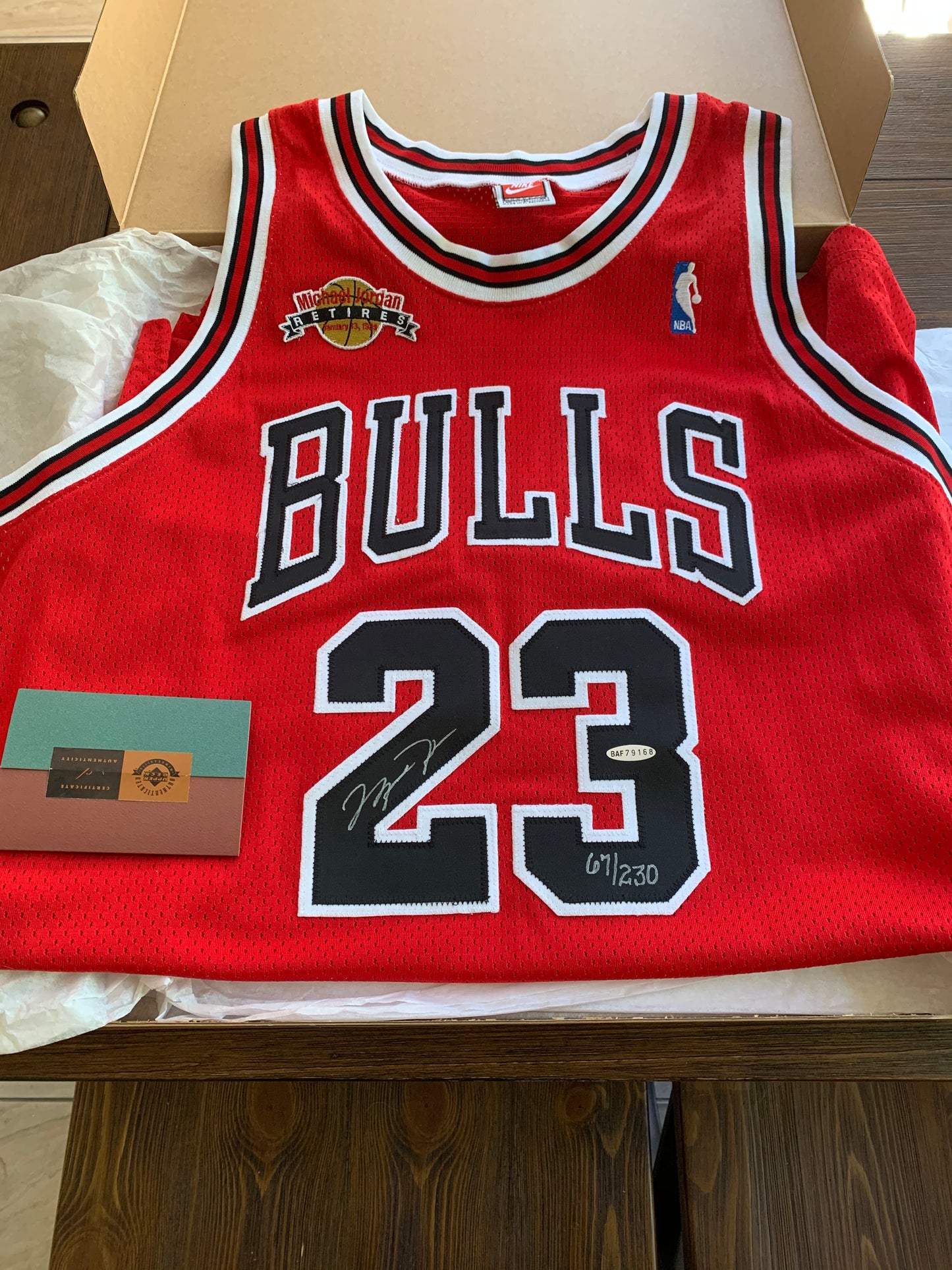 Michael Jordan Autographed Retirement Patch Jersey #67/230 Upper Deck Authenticated