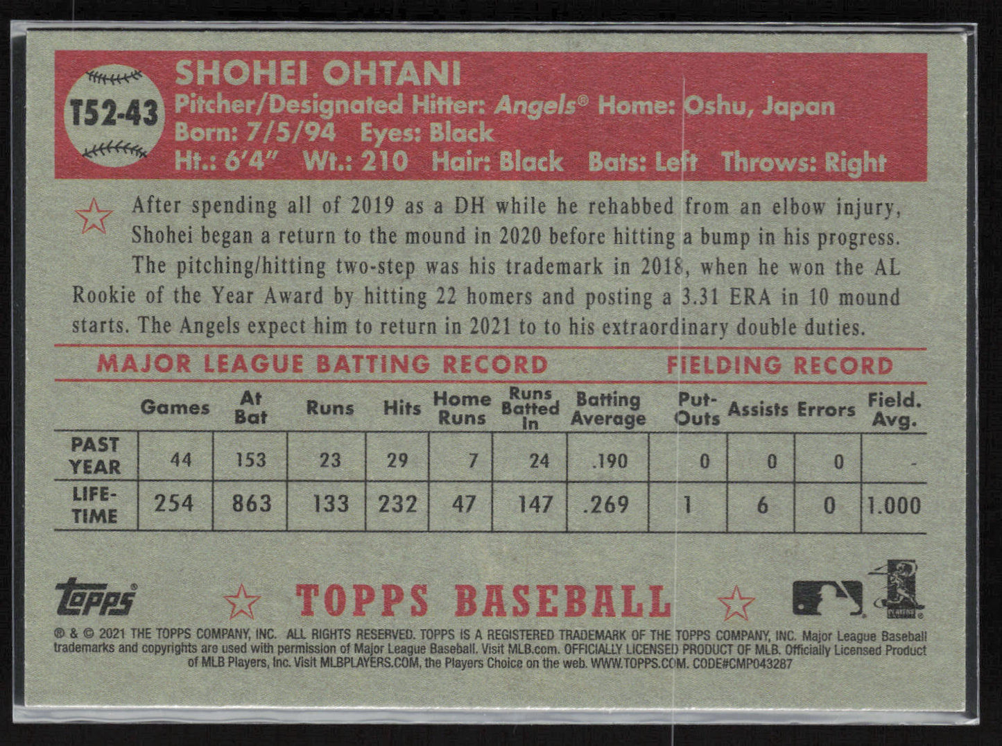 2021 Topps #T52-43 Shohei Ohtani 1952 Topps Redux