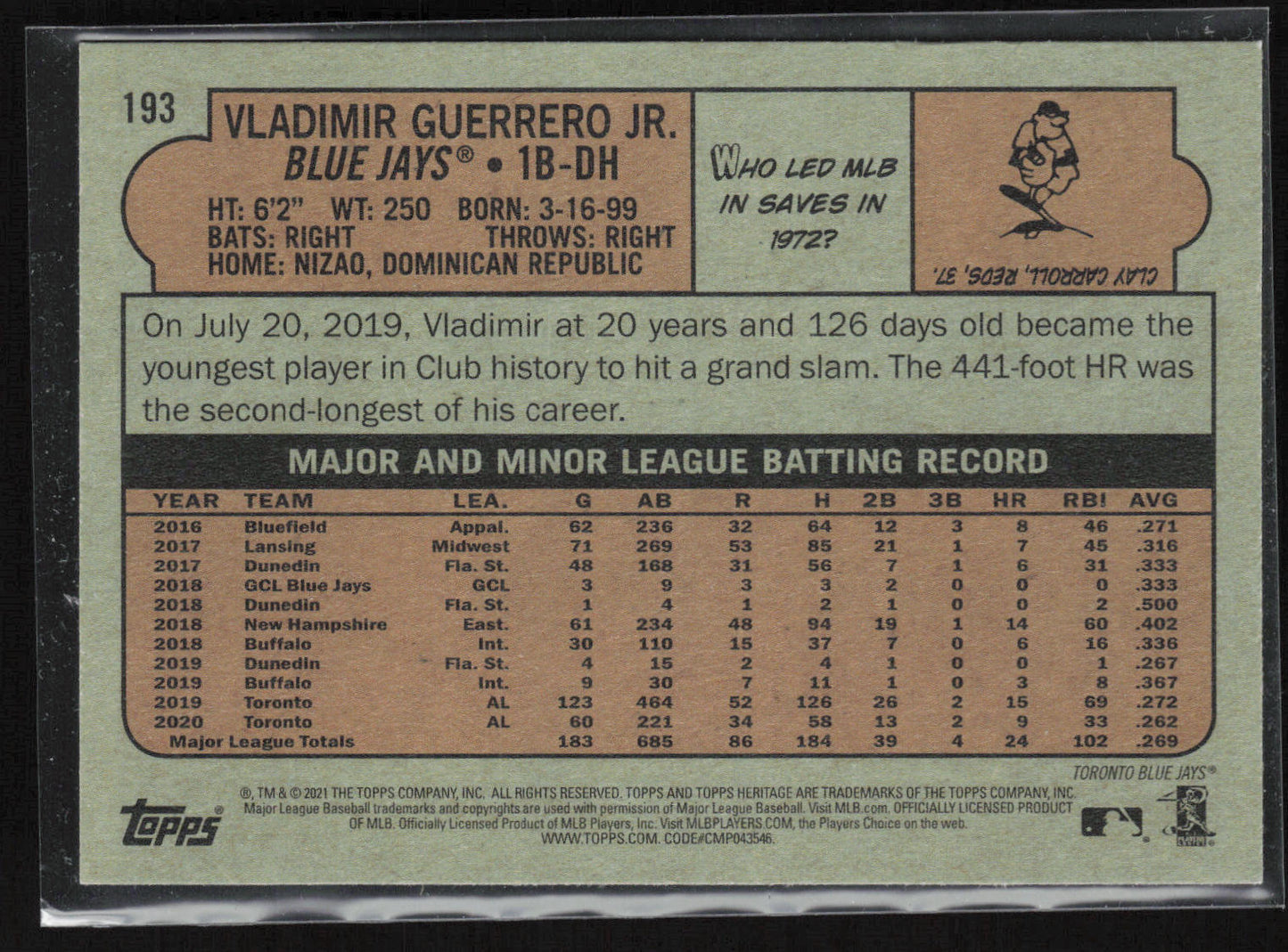 2021 Topps Heritage #193 Vladimir Guerrero Jr.