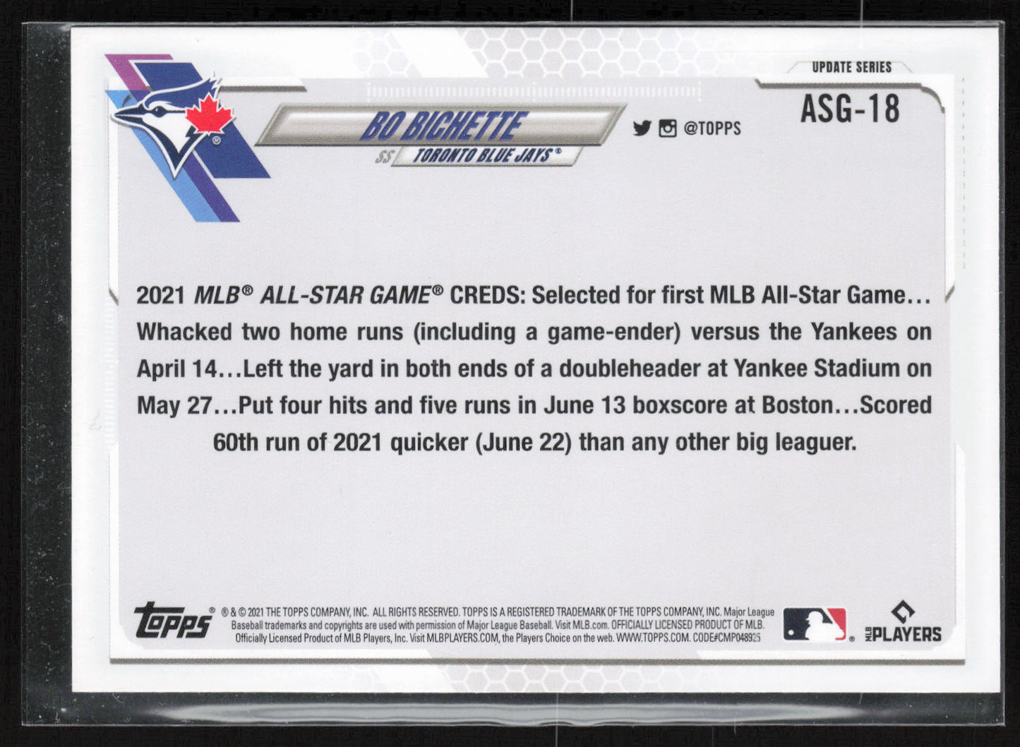 2021 Topps Update #ASG-18 Bo Bichette 2021 MLB All-Stars