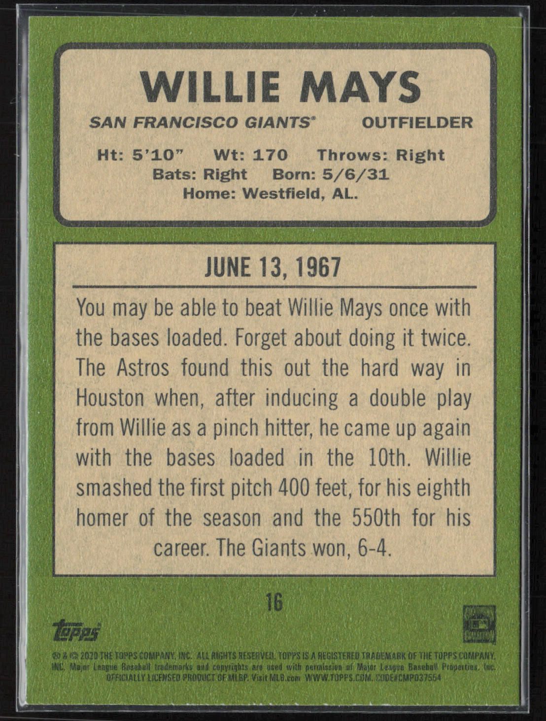 2020 Topps Heritage #16 Willie Mays 20 Giants Seasons