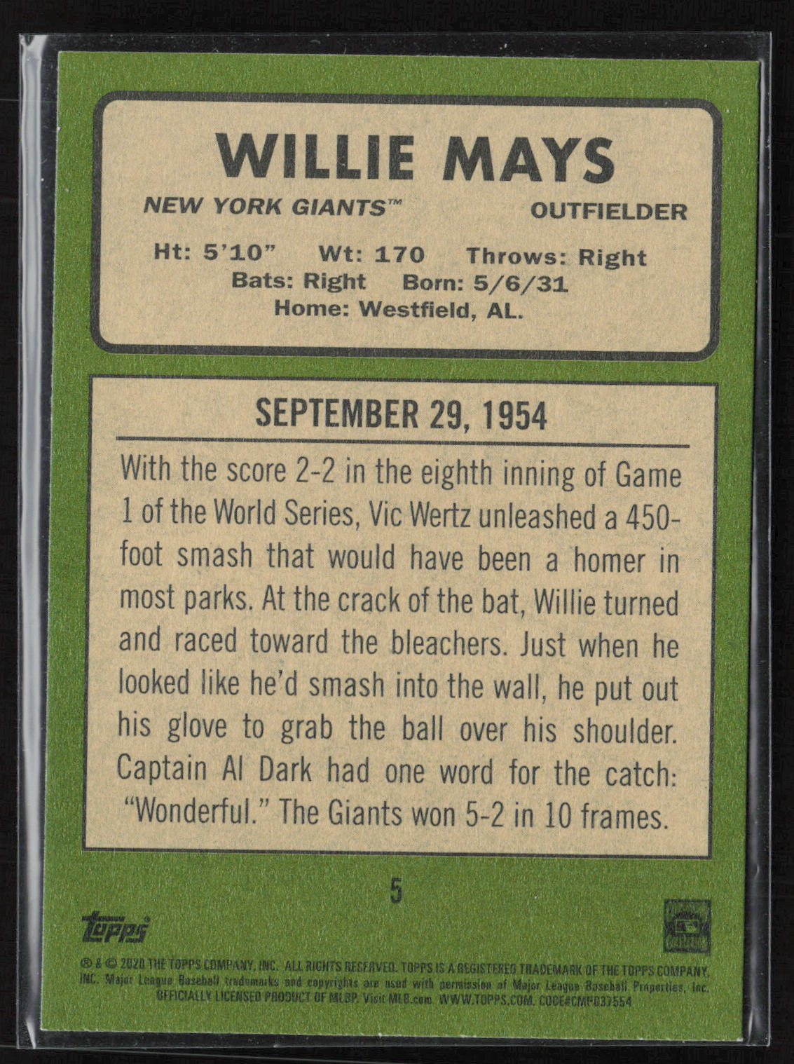 2020 Topps Heritage #5 Willie Mays 20 Giants Seasons