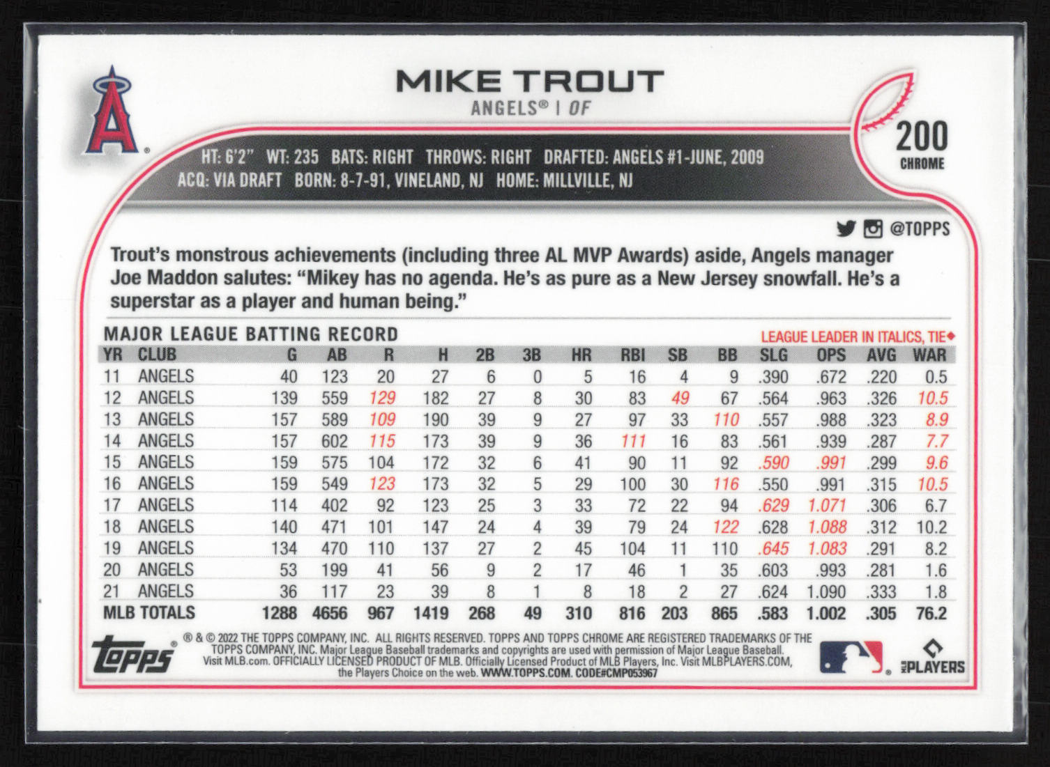 2022 Topps Chrome #200 Mike Trout