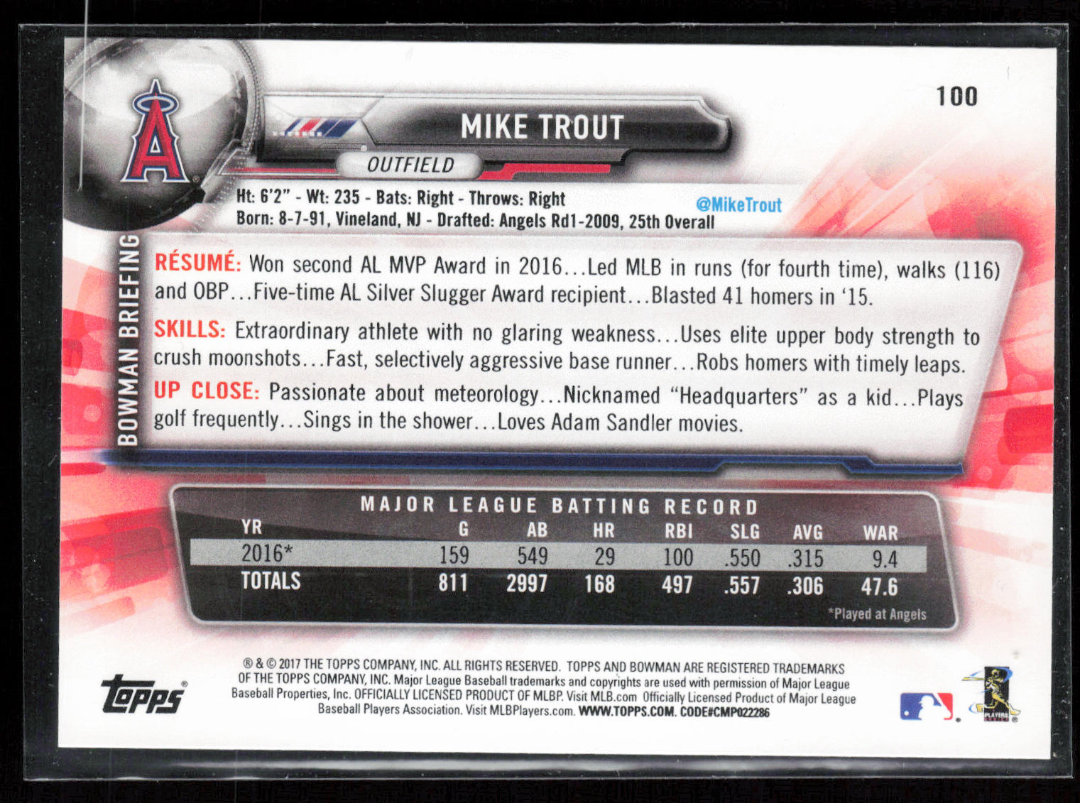 2017 Bowman #100 Mike Trout Purple #/250