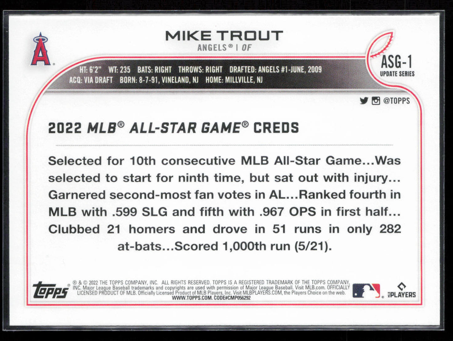 2022 Topps Update #ASG-1 Mike Trout 2022 MLB All-Star Game