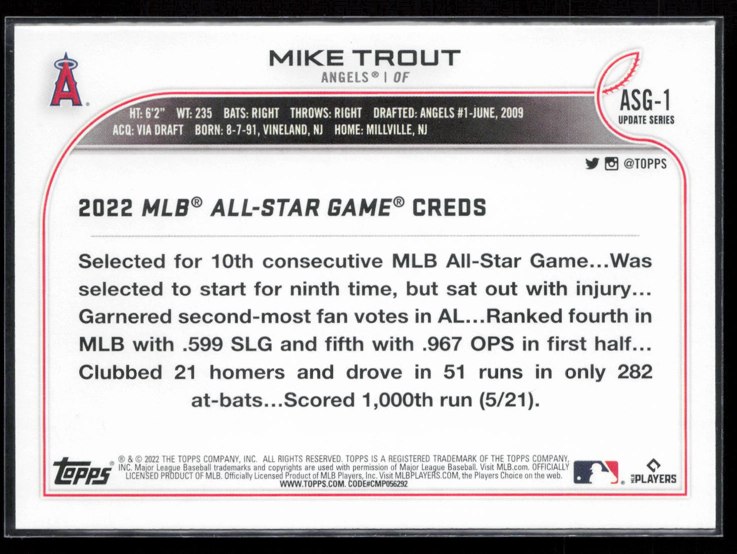 2022 Topps Update #ASG-1 Mike Trout 2022 MLB All-Star Game