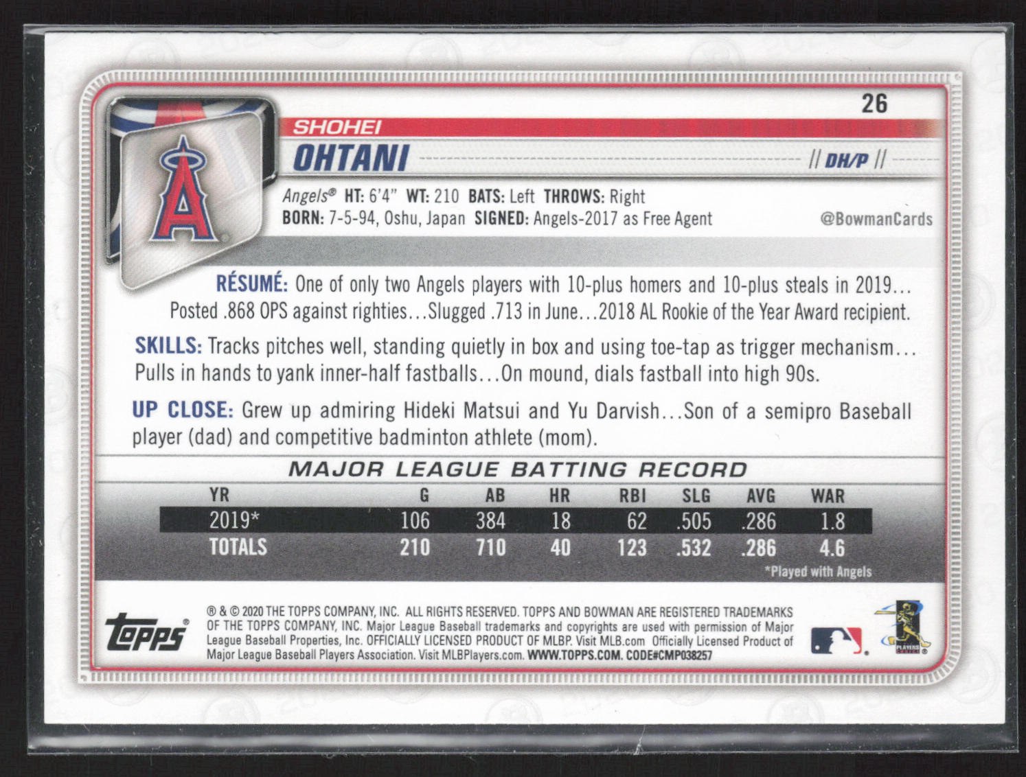 2020 Bowman #26 Shohei Ohtani