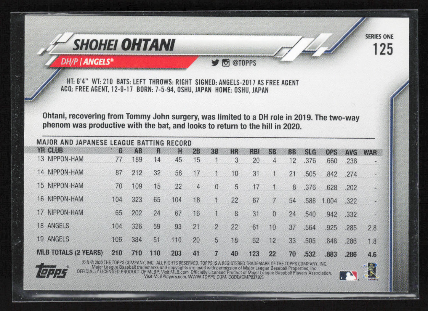 2020 Topps #125 Shohei Ohtani Series One