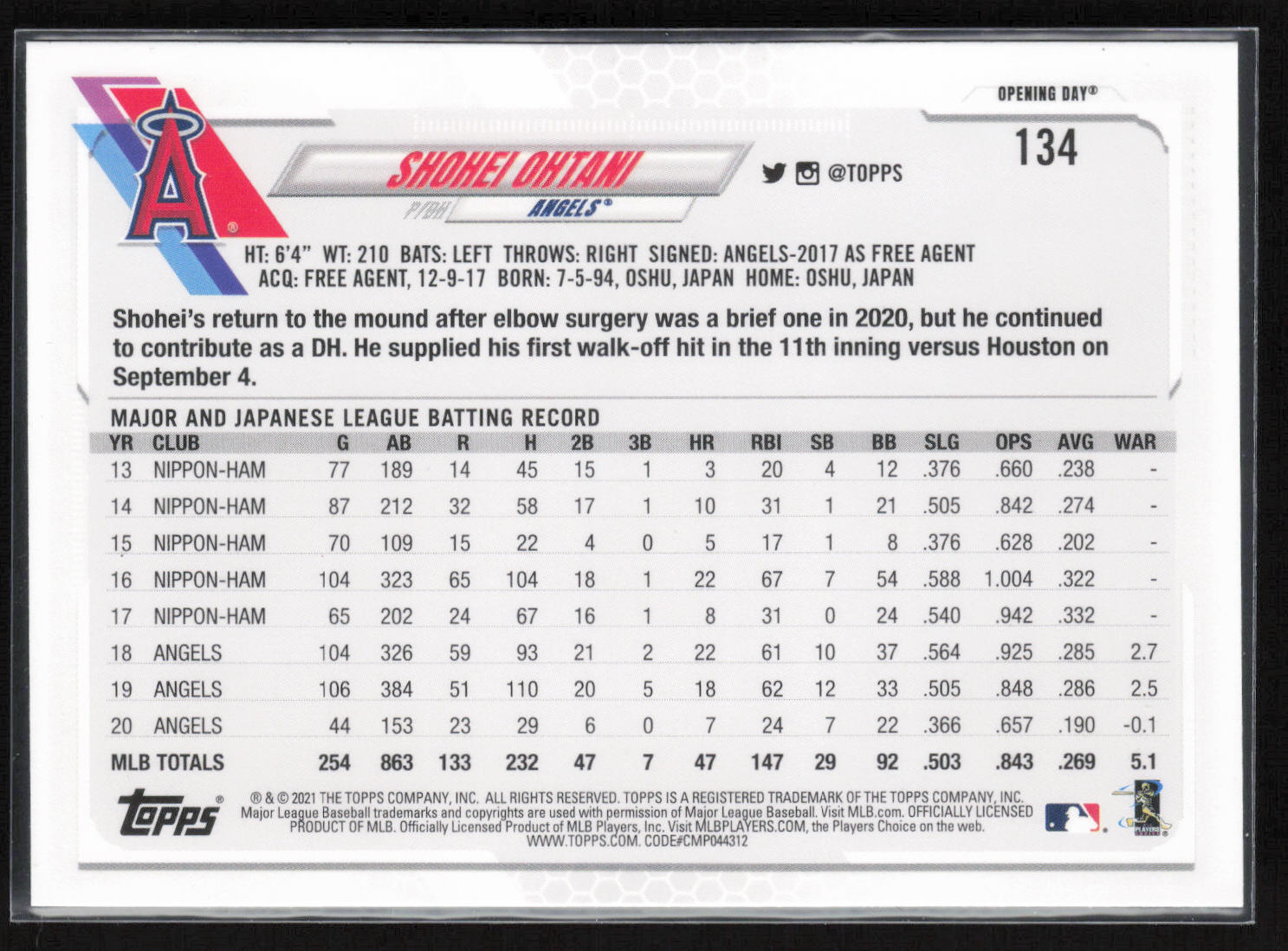 2021 Topps Opening Day #134 Shohei Ohtani