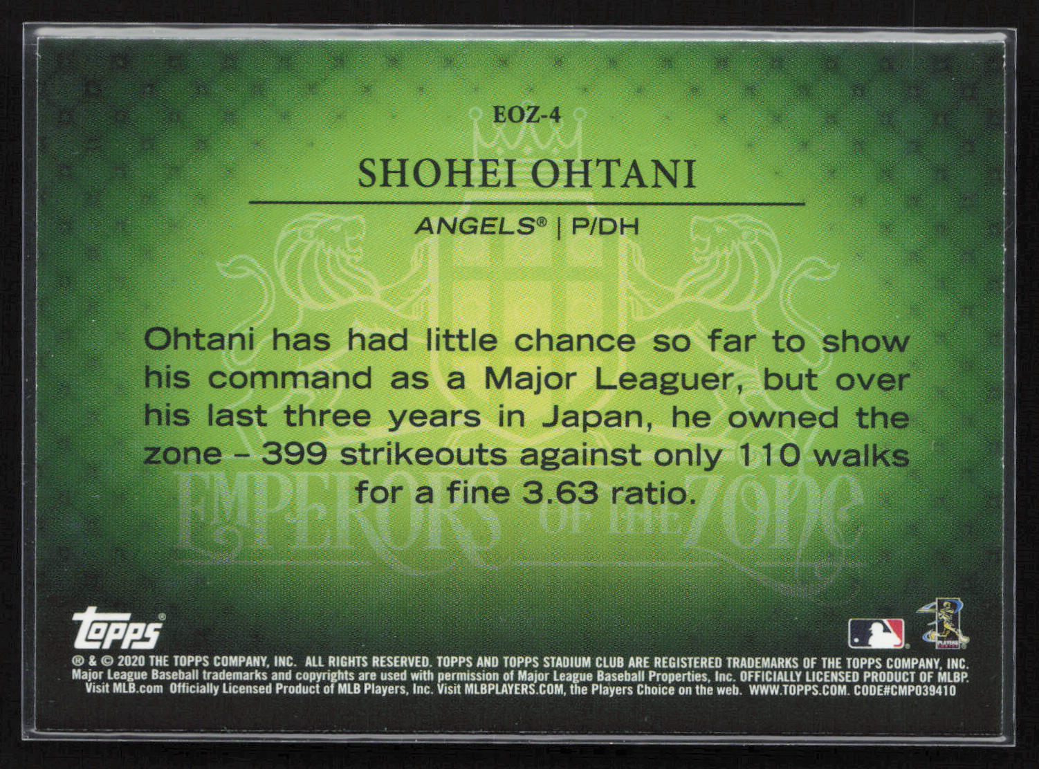 2020 Stadium Club #EOZ-4 Shohei Ohtani Emperors of the Zone