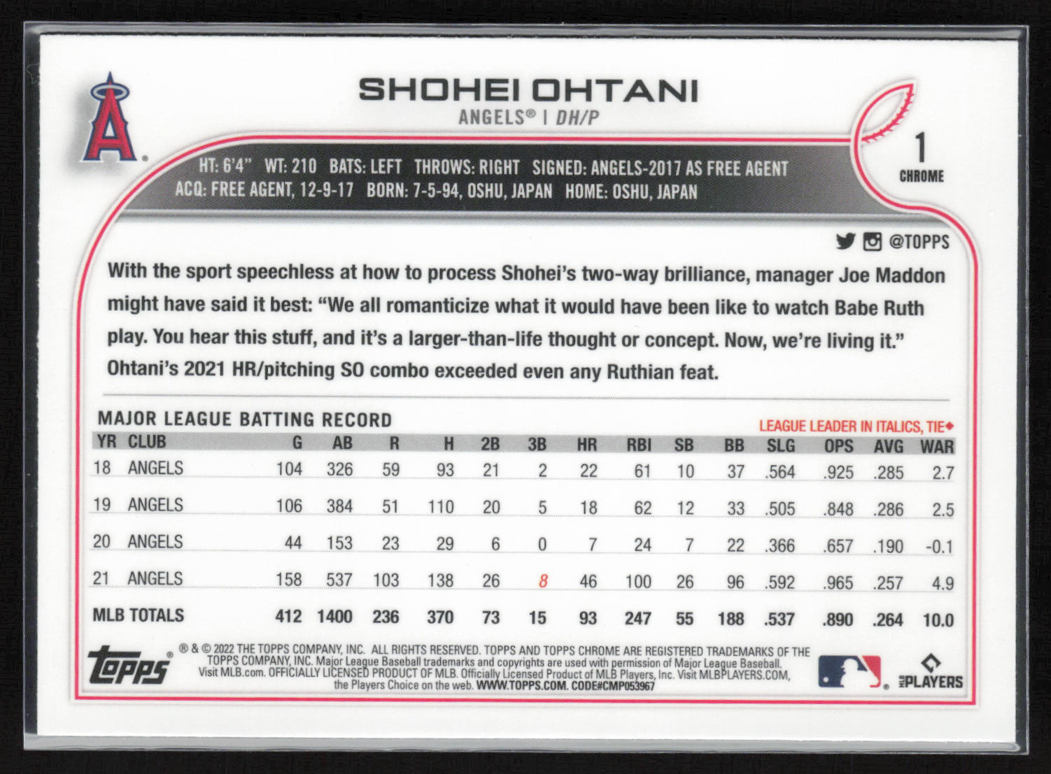 2022 Topps Chrome Sonic #1 Shohei Ohtani