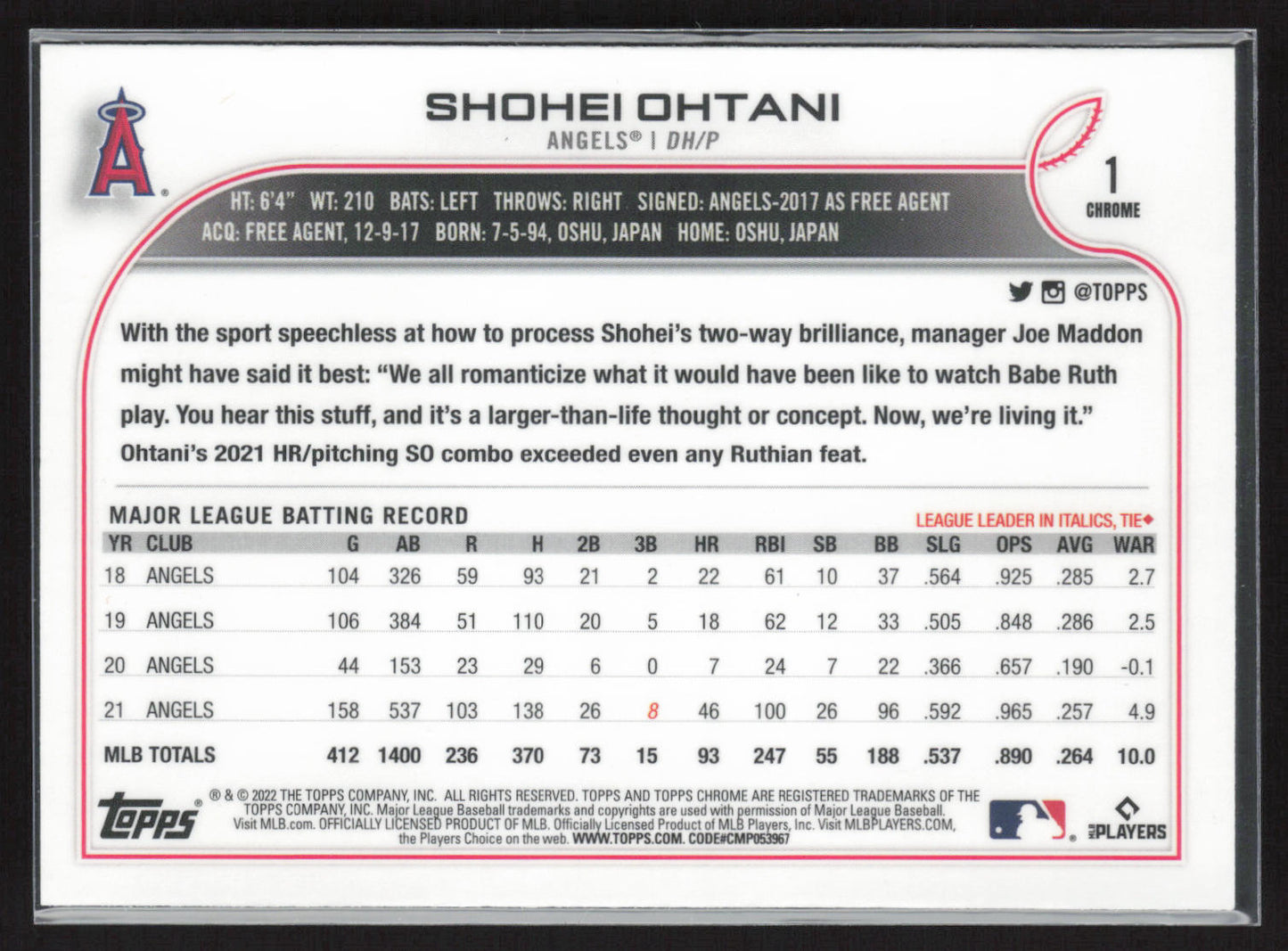 2022 Topps Chrome #1 Shohei Ohtani