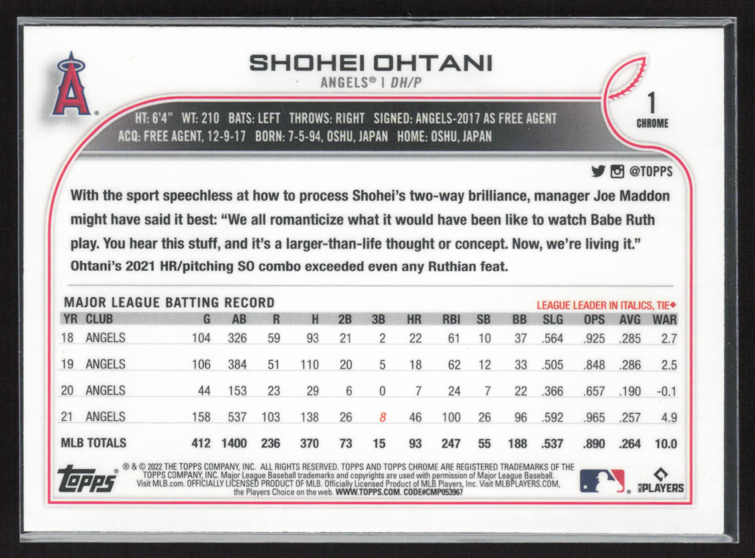 2022 Topps Chrome #1 Shohei Ohtani