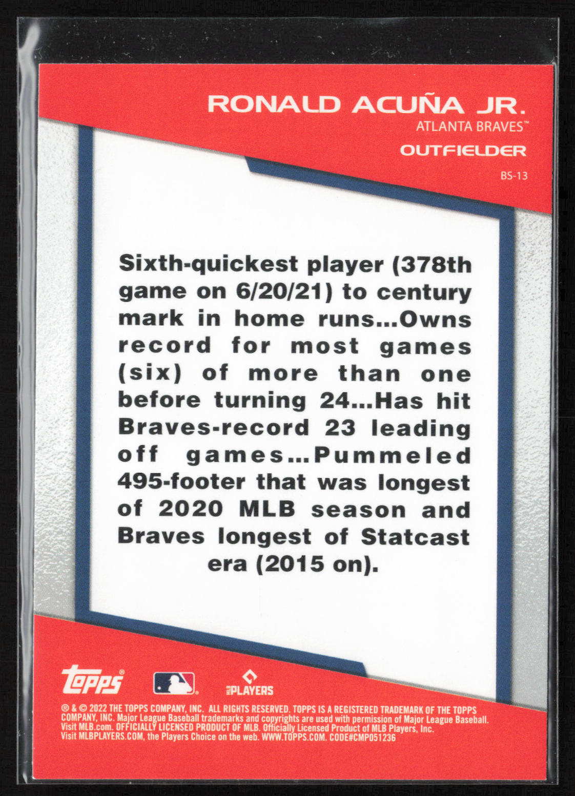 2022 Topps Opening Day #BS-13 Ronald Acuña Jr. Bomb Squad