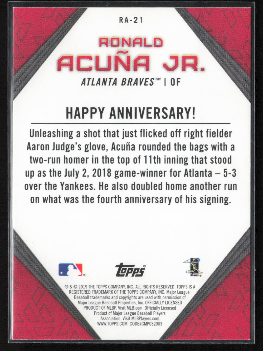2019 Topps #RA-21 Ronald Acuña Jr. Ronald Acuna Jr. Star Player Highlights