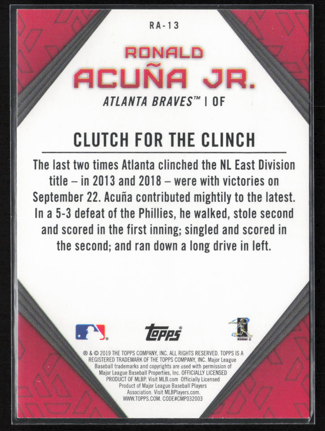 2019 Topps #RA-13 Ronald Acuña Jr. Ronald Acuna Jr. Star Player Highlights