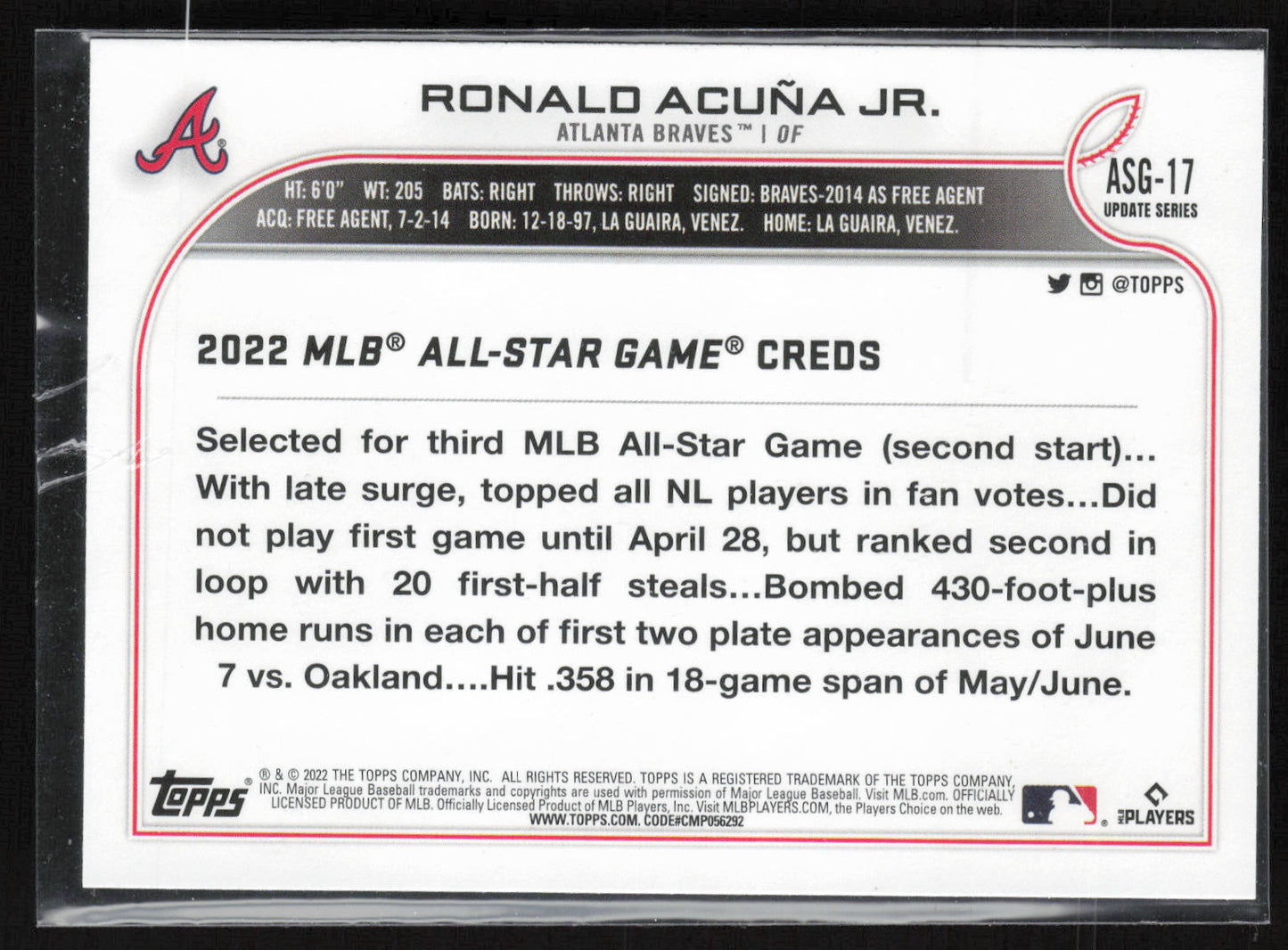 2022 Topps Update #ASG-17 Ronald Acuña Jr. 2022 MLB All-Star Game
