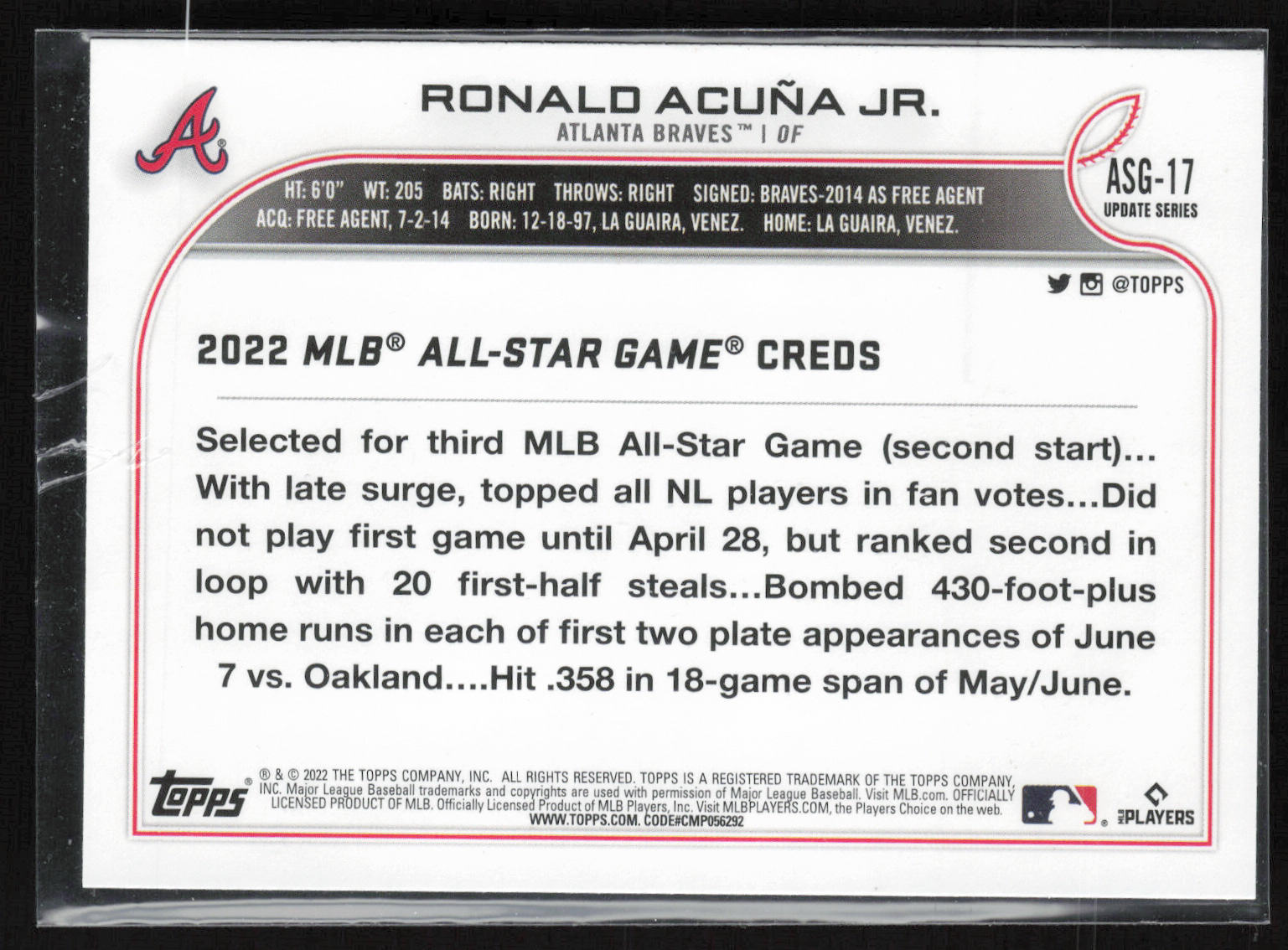2022 Topps Update #ASG-17 Ronald Acuña Jr. 2022 MLB All-Star Game