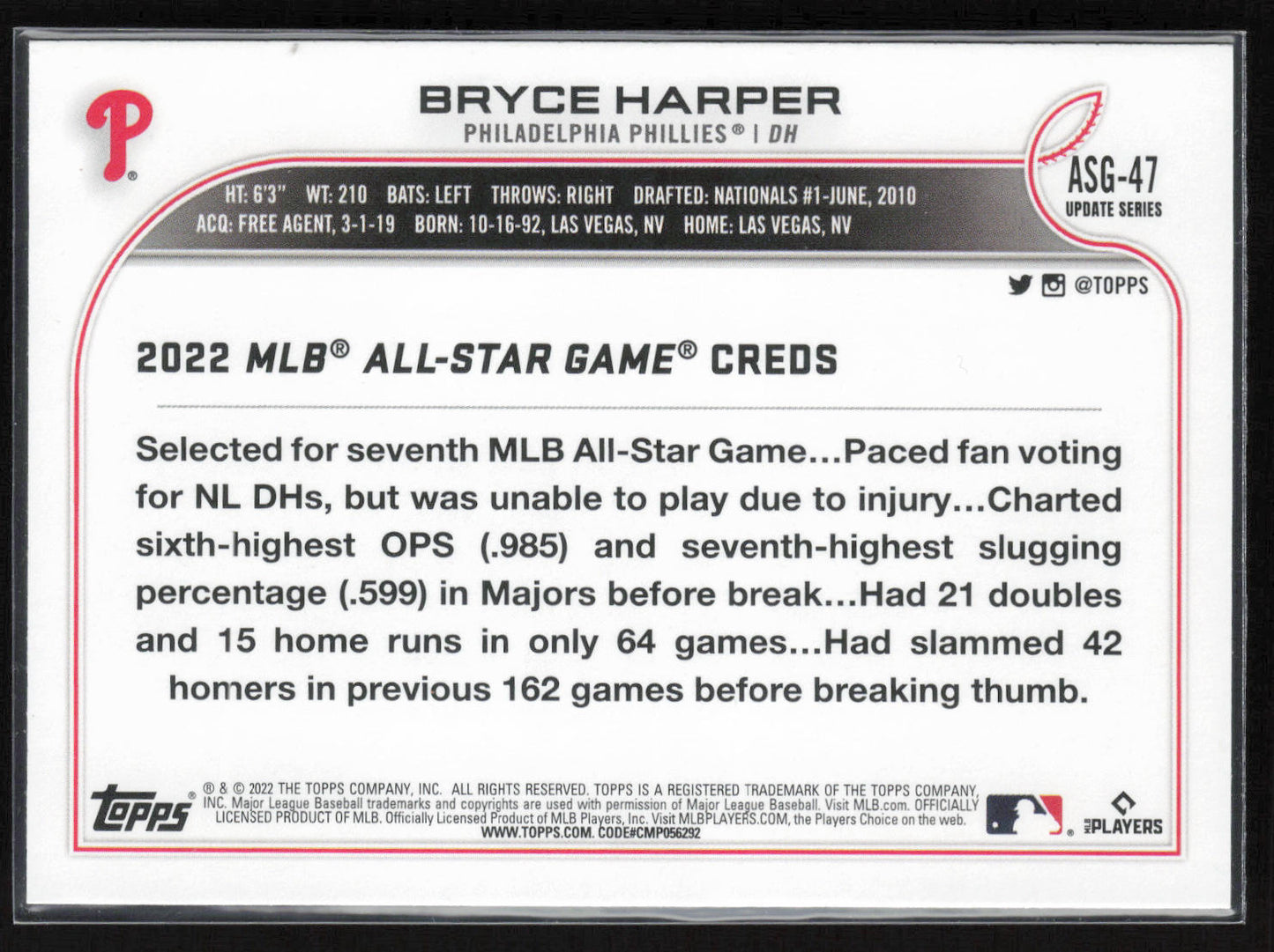 2022 Topps Update #ASG-47 Bryce Harper 2022 MLB All-Star Game