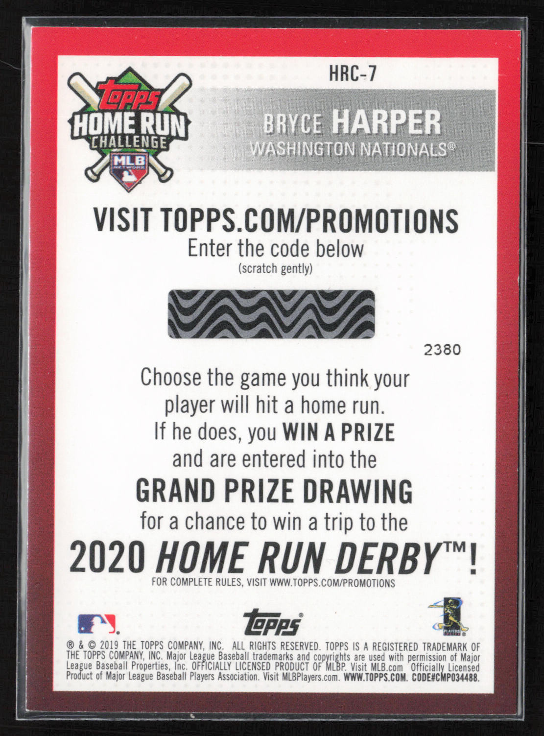 2019 Topps #HRC-7 Bryce Harper Home Run Challenge Codes series 1