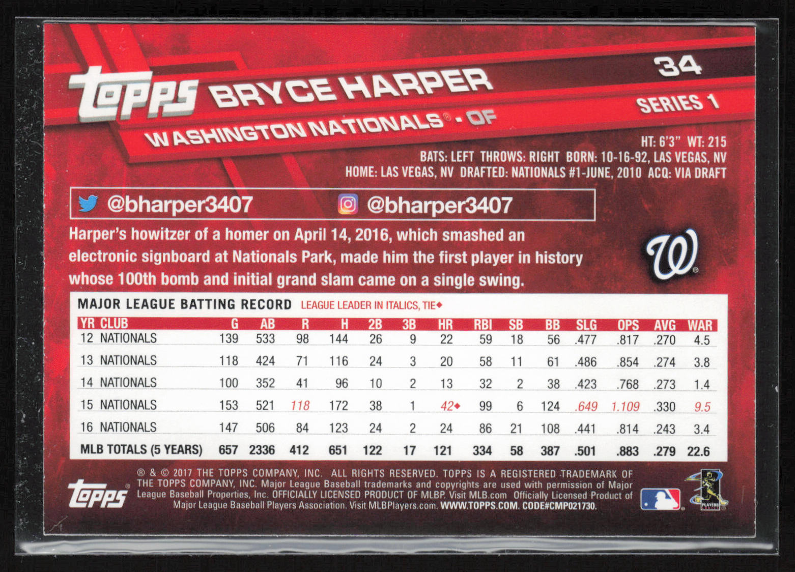2017 Topps #34 Bryce Harper Rainbow Foil