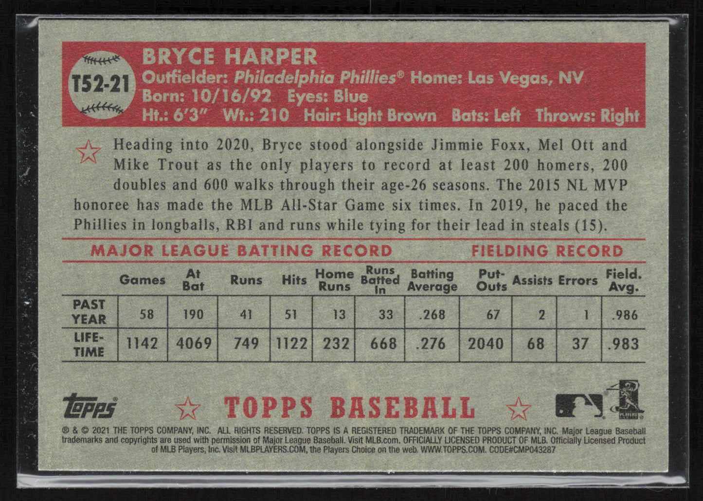 2021 Topps #T52-21 Bryce Harper 1952 Topps Redux