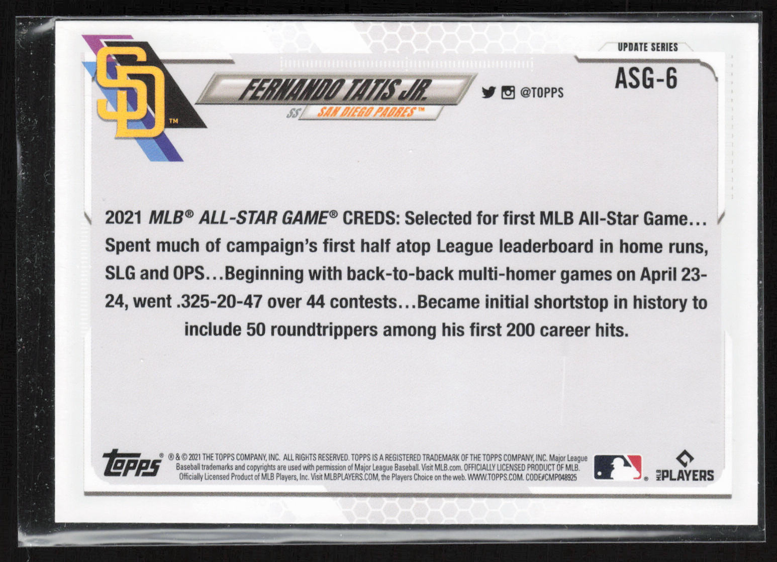 2021 Topps Update #ASG-6 Fernando Tatis Jr. 2021 MLB All-Stars
