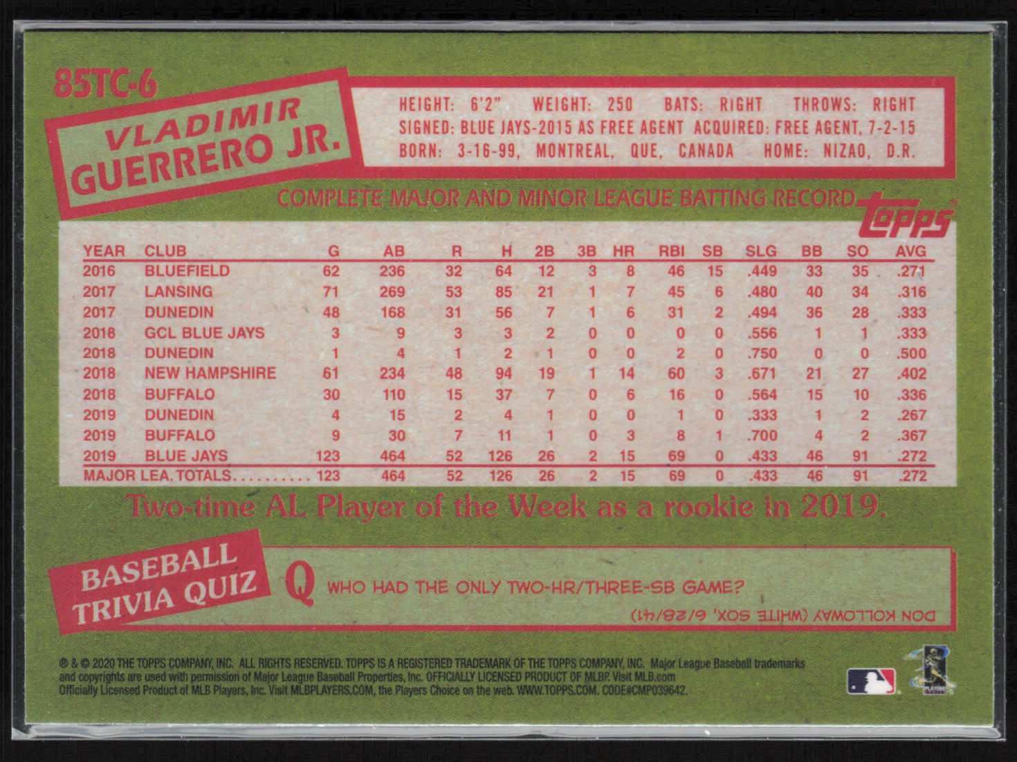 2020 Topps Chrome #85TC-6 Vladimir Guerrero Jr. 1985 Topps Baseball