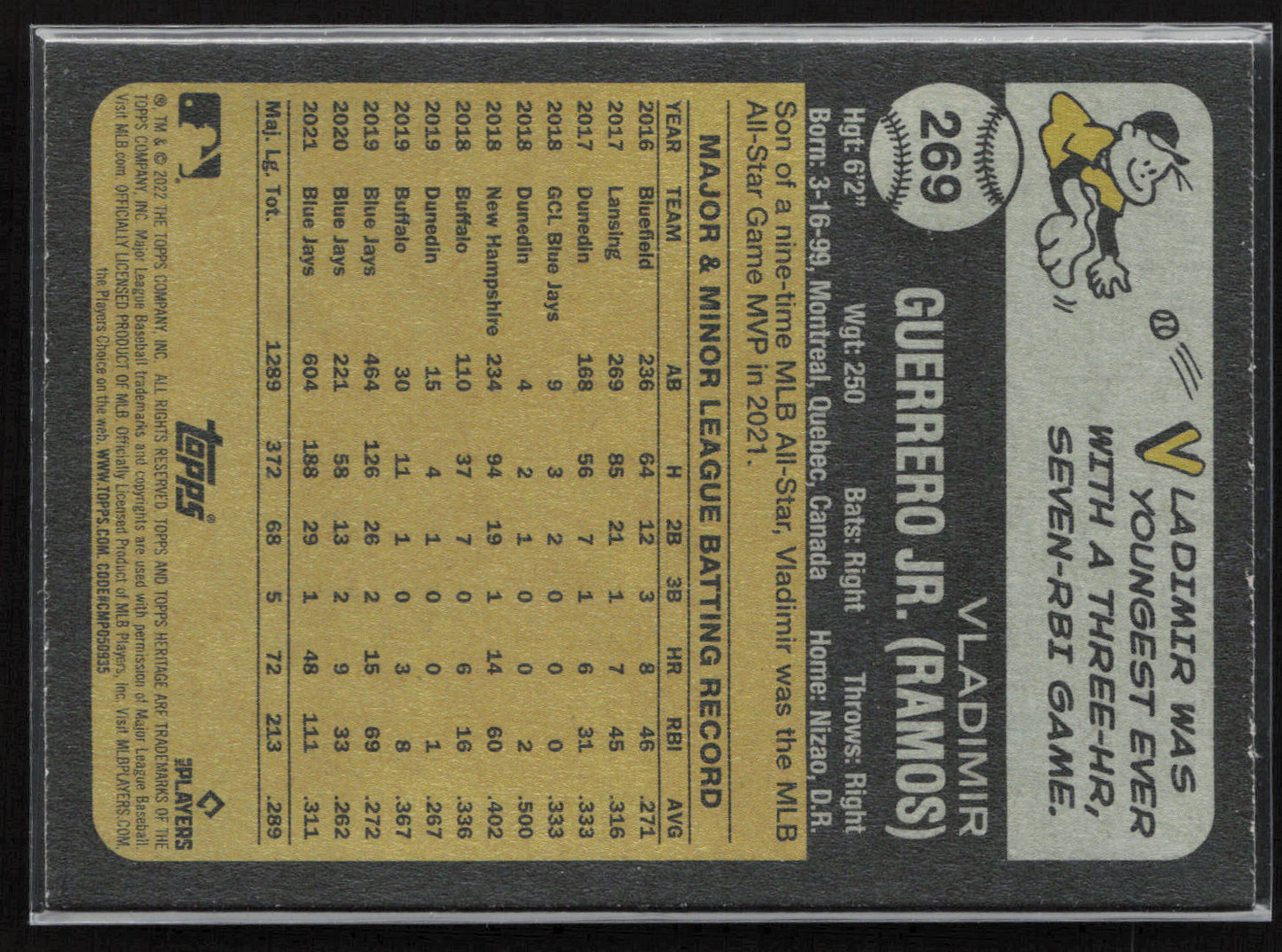 2022 Topps Heritage #269 Vladimir Guerrero Jr. Chrome Purple Refractor