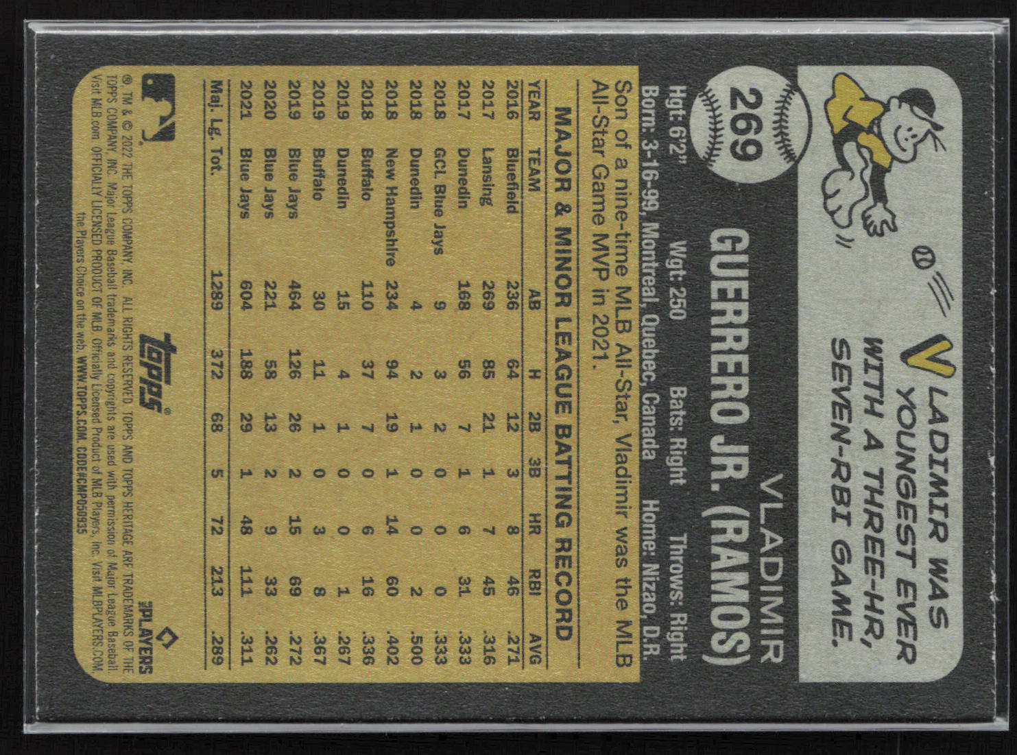 2022 Topps Heritage #269 Vladimir Guerrero Jr. Chrome Purple Refractor