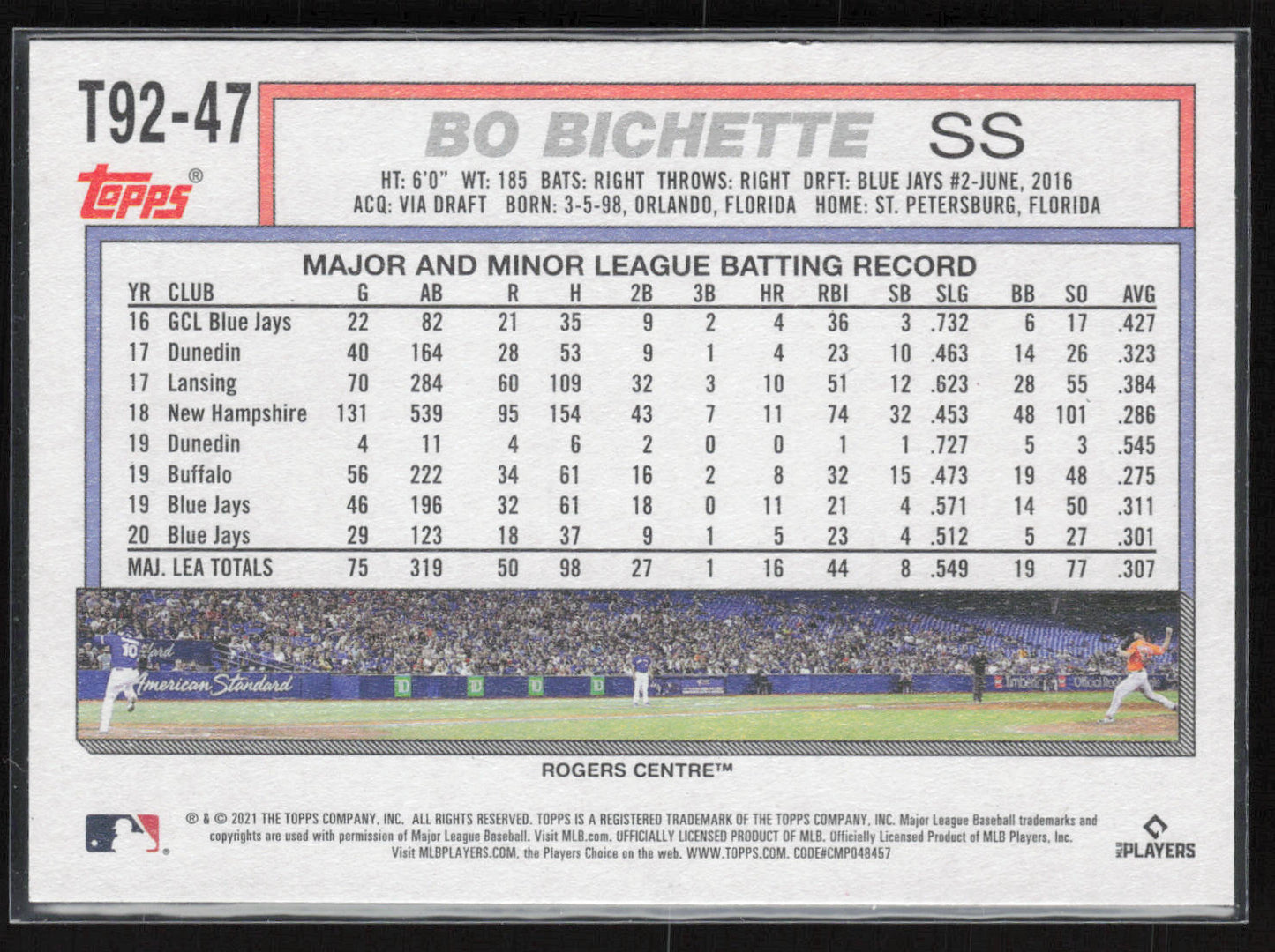 2021 Topps Update #T92-47 Bo Bichette 1992 Topps Redux