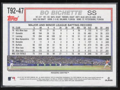 2021 Topps Update #T92-47 Bo Bichette 1992 Topps Redux