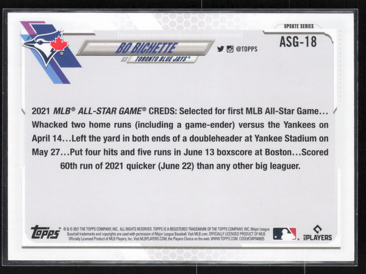 2021 Topps Update #ASG-18 Bo Bichette 2021 MLB All-Stars