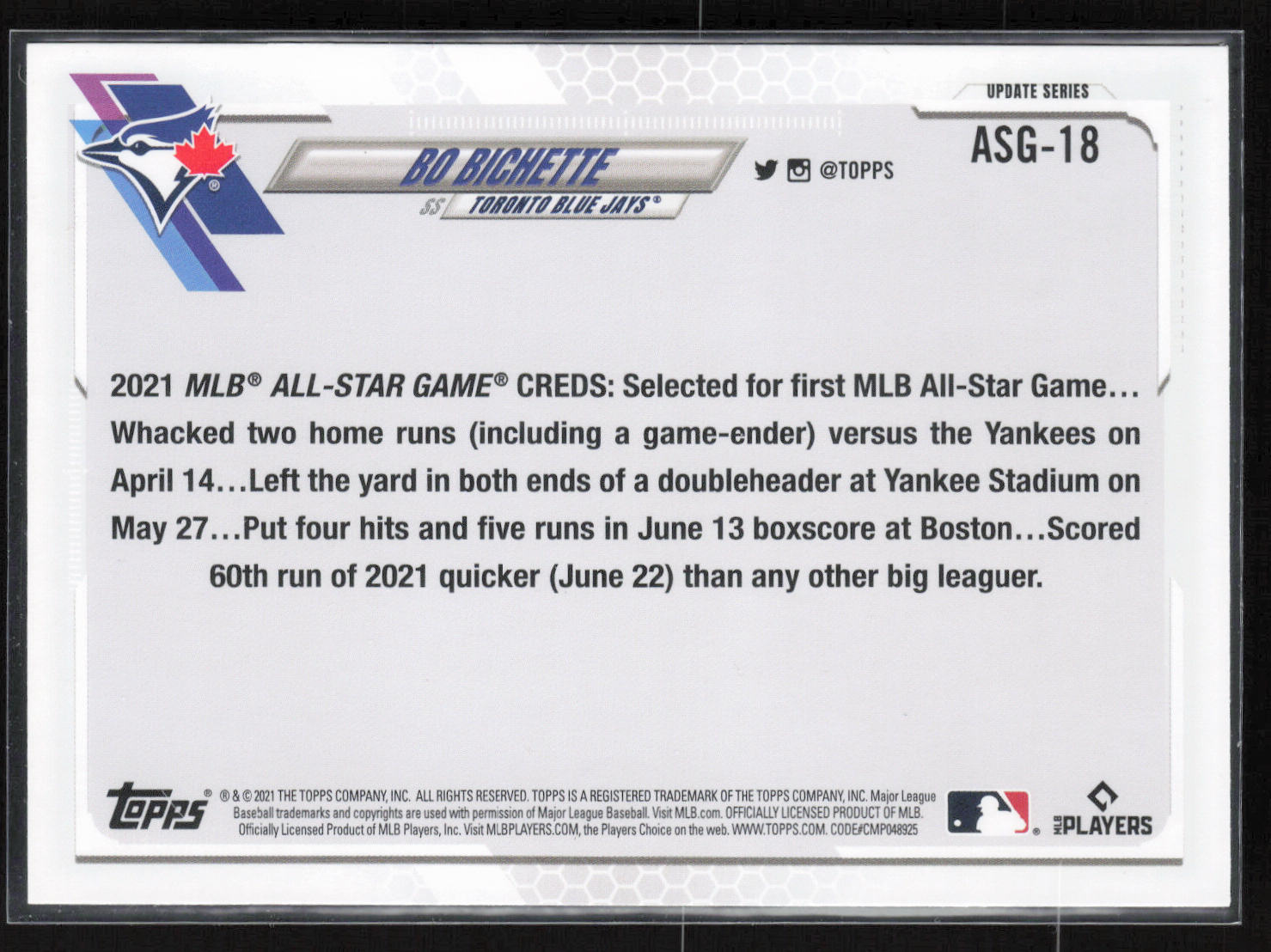 2021 Topps Update #ASG-18 Bo Bichette 2021 MLB All-Stars