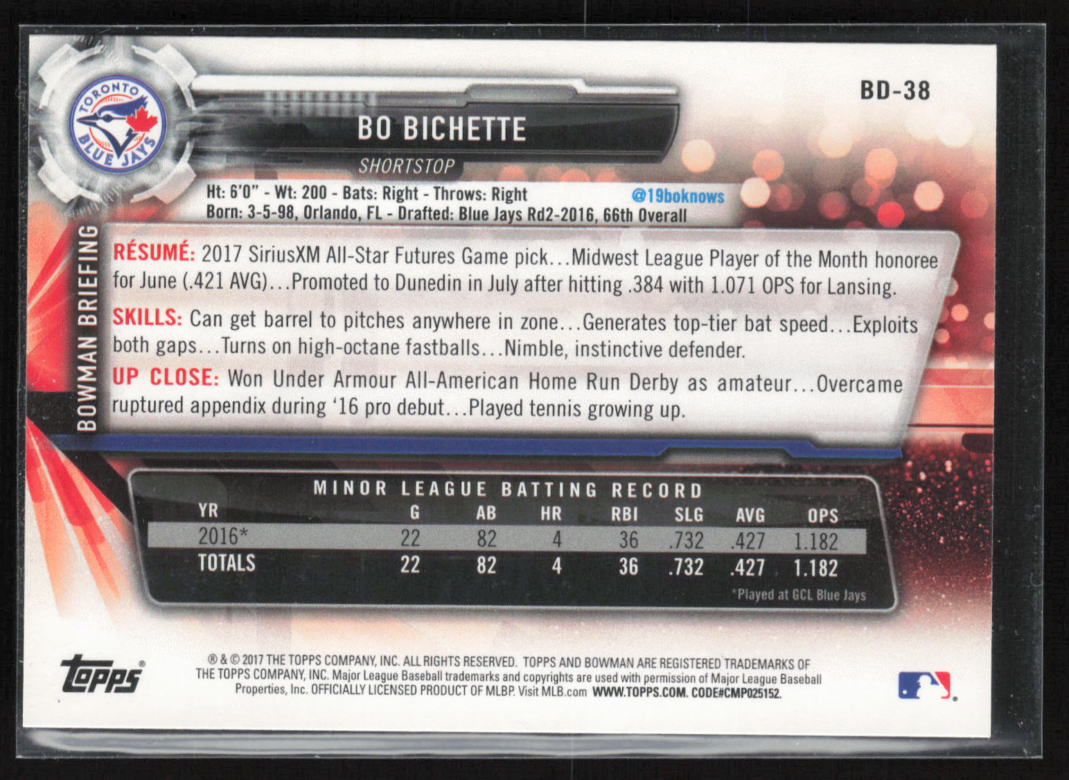2017 Bowman Draft #BD-38 Bo Bichette