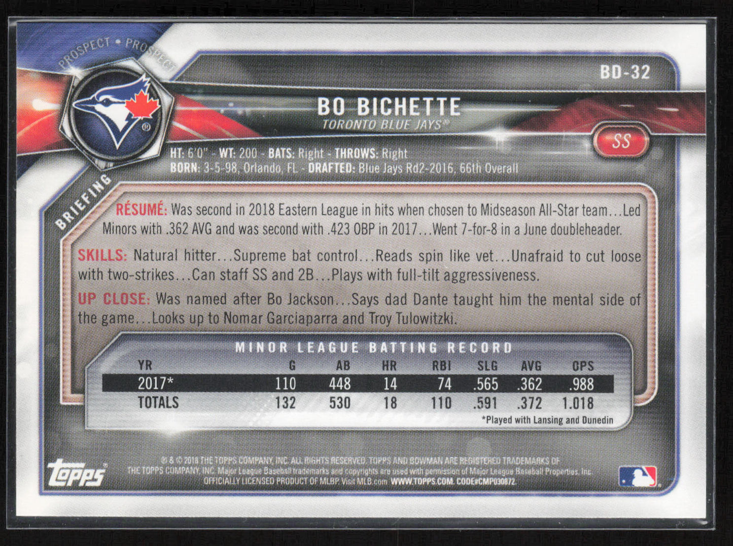 2018 Bowman Draft #BD-32 Bo Bichette