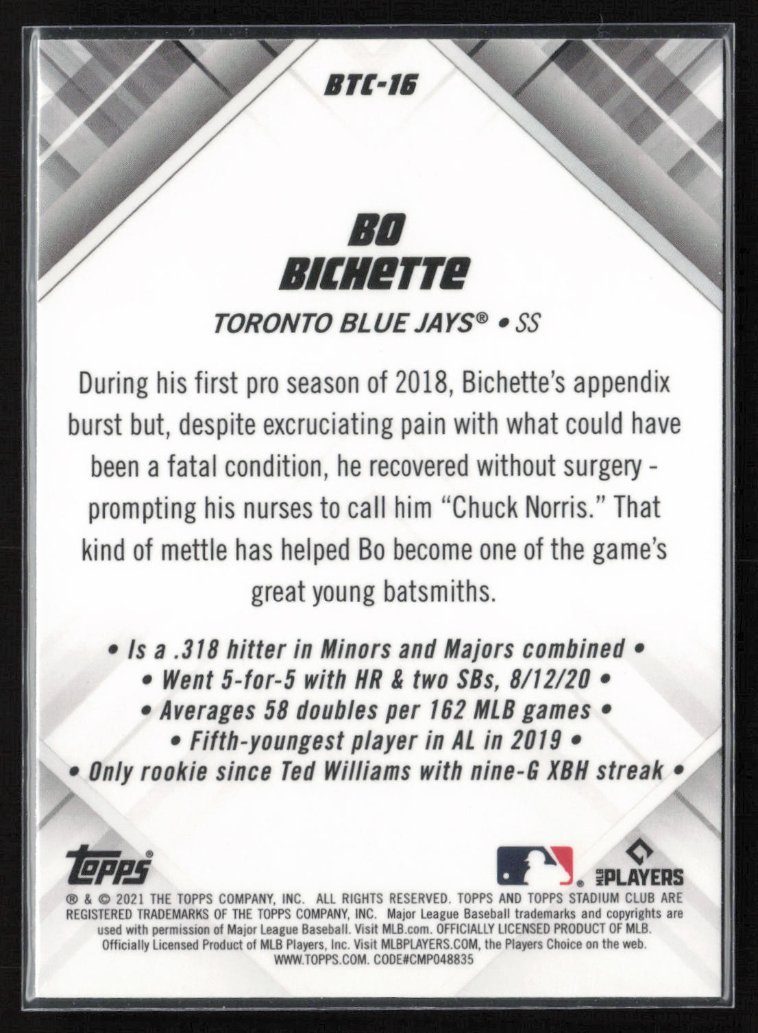 2021 Stadium Club Chrome #BTC-16 Bo Bichette Beam Team