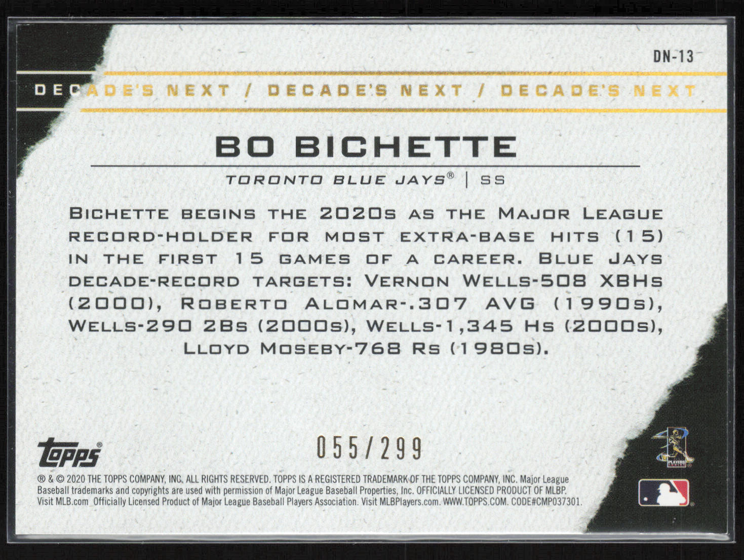 2020 Topps #DN-13 Bo Bichette Decade's Next Black #15/299
