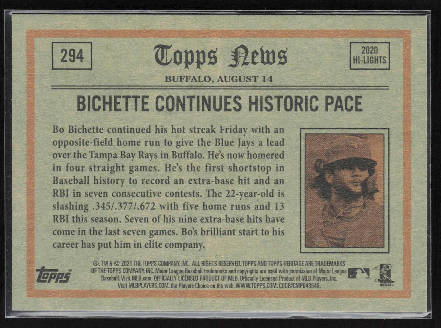 2021 Topps Heritage #294 Bo Bichette