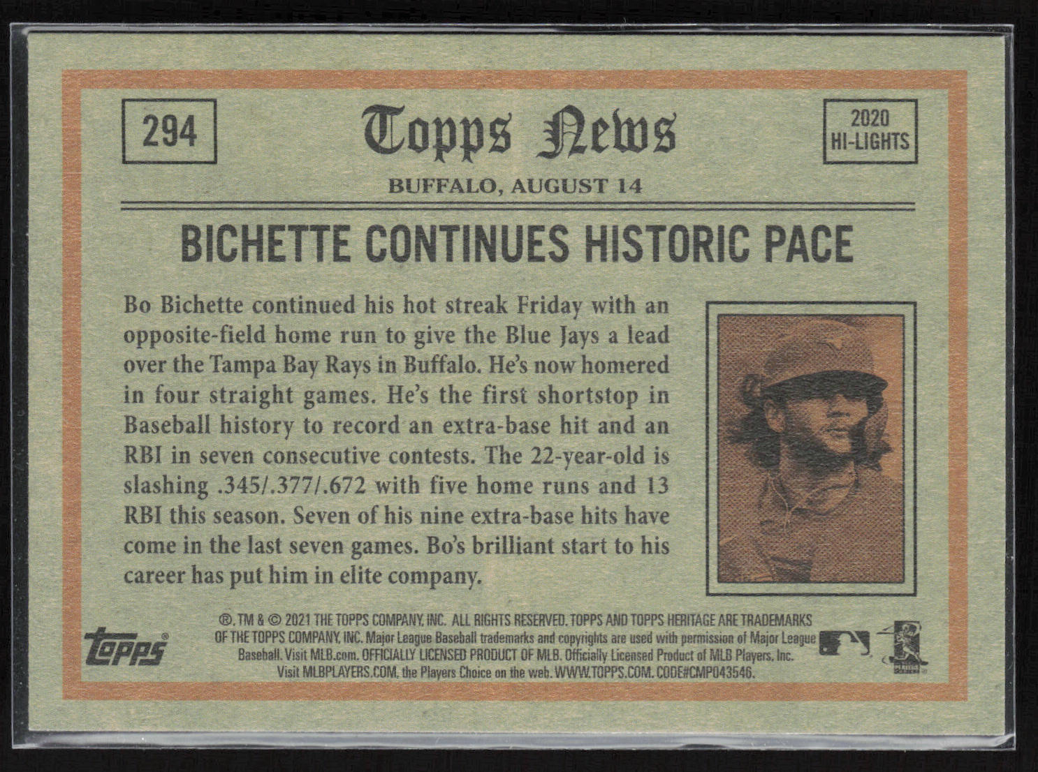 2021 Topps Heritage #294 Bo Bichette