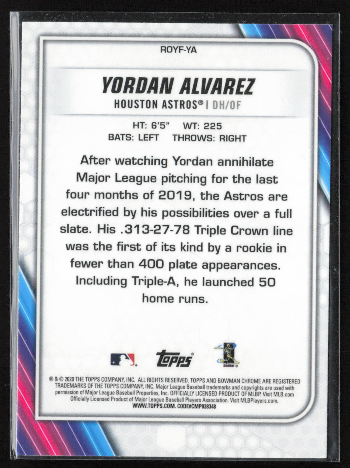 2020 Bowman #ROYF-YA Yordan Alvarez Chrome Rookie of the Year Favorites