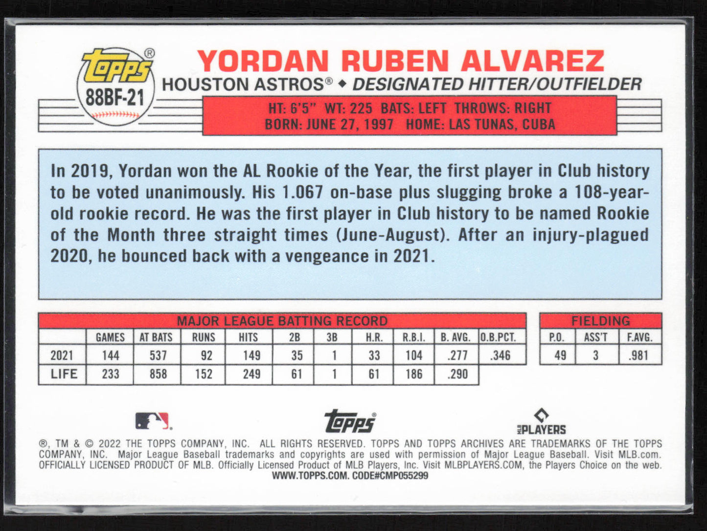 2022 Topps Archives #88BF-21 Yordan Alvarez 1988 Topps Big Foil