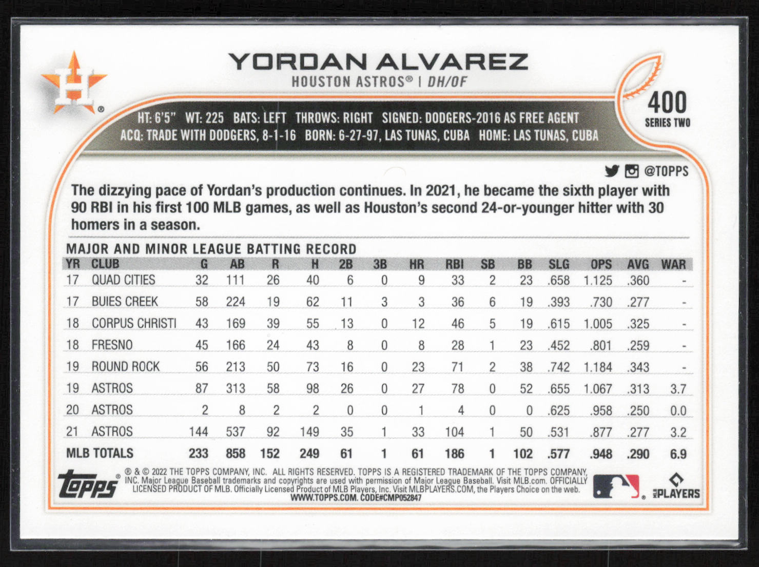 2022 Topps #400 Yordan Alvarez