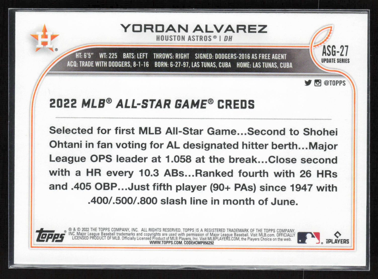 2022 Topps Update #ASG-27 Yordan Alvarez 2022 MLB All-Star Game